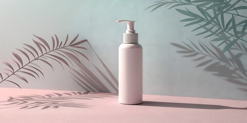 White pump bottle mockup with tropical leaf shadows