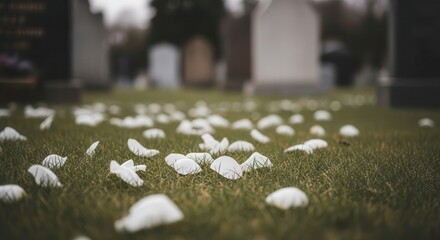Petals scattered on serene cemetery grass