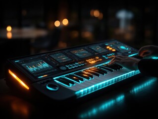 Modern synthesizer in a dimly lit setting