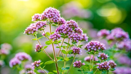 Fototapeta premium Pink wildflowers blooming in garden with vibrant green background and soft natural light 