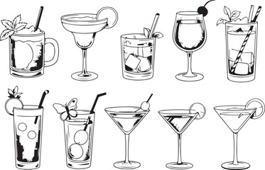 Variety of Cocktails and Drinks Black and White Vector Set
