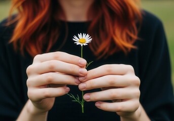 Woman holding daisy flower symbolizing simplicity nature