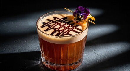 Elegant cocktail with flower garnish on black background