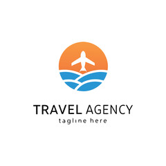 Travel agency vector logo featuring management of travel or tour of people throughout the world