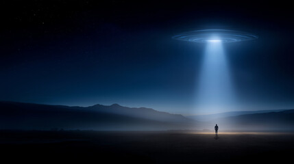 Fototapeta premium UFO abduction scene with beam lifting figure at night