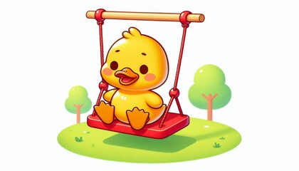 Obraz premium Cute Yellow Duckling on Red Swing in a Green Park
