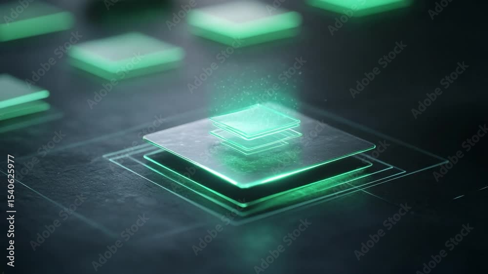 Poster illuminating tech layers: a futuristic composition of transparent, glowing layers stacked atop one a