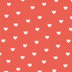 Seamless pattern of white teacups on a red polka-dot background. Cute kitchenware design, vintage café theme, charming decorative texture for tea or baking projects.