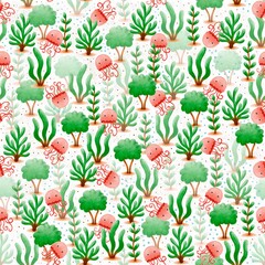 ‪Seamless watercolour pattern with cute jellyfish and seaweed on a white background – underwater ocean illustration for kids‬