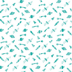 Seamless pattern of teal arrows and geometric shapes on white background. Modern abstract design, direction symbols, minimalist decorative texture.