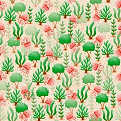 ‪Seamless watercolour pattern with cute jellyfish and seaweed on a beige background – underwater ocean illustration for kids‬