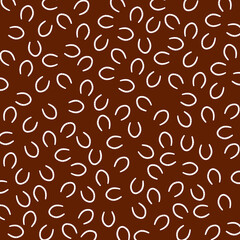 Seamless brown background with repeating white horseshoe motifs, simple Western-themed pattern ideal for textiles, wrapping paper, cowboy decor, scrapbooking, and graphic design projects.