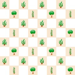 ‪Seamless watercolour seaweed pattern pattern on checkerboard background – cute ocean illustration for kids‬