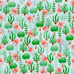 ‪Seamless watercolour pattern with cute jellyfish and seaweed on a blue background – underwater ocean illustration for kids‬