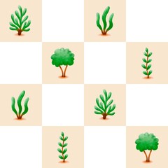 ‪Seamless watercolour seaweed pattern pattern on checkerboard background – cute ocean illustration for kids‬
