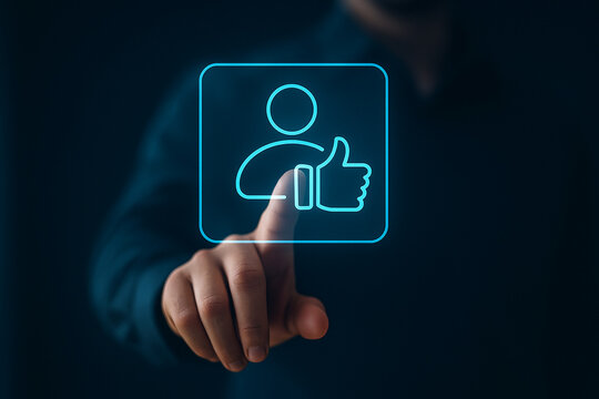 Businessman Touching Virtual Thumbs Up Icon for User Approval Concept in Futuristic Interface with Clean Dark Background Lighting