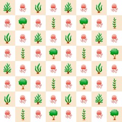 ‪Seamless watercolour jellyfish and seaweed pattern pattern on checkerboard background – cute ocean illustration for kids‬