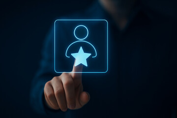 Professional User Interaction with Digital Star Icon Interface for Featured Profile Selection in Futuristic Touchscreen Technology Concept Background