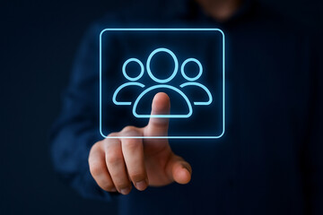 Fototapeta premium Businessman Touching Virtual Team Icon Interface for Corporate Network, Digital Group Management, Technology Collaboration, User Connection Concept