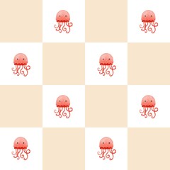 ‪Seamless watercolour jellyfish pattern on checkerboard background – cute ocean illustration for kids‬