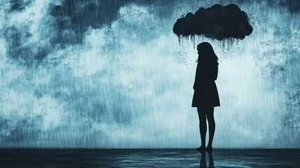 A woman standing under a dark rain cloud, representing themes of depression, loneliness, and emotional struggles