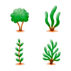 Set of cute watercolour seaweed on a white background – underwater ocean illustration for kids‬