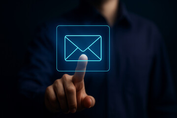 Person Tapping Digital Email Icon Interface for Secure Online Account Registration with Futuristic Holographic UI in Dark Background