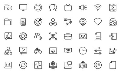 Social media line icon set. Post, like, video, media, chat, people, communication, business, and promote outline icon collection