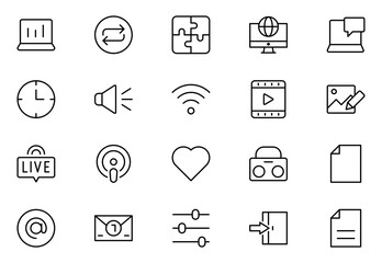 Social media line icon set. Post, like, video, media, chat, people, communication, business, and promote outline icon collection