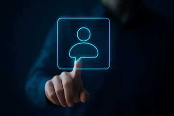 Futuristic user interface contact icon touch interaction with glowing chat symbol on transparent digital screen for business communication technology