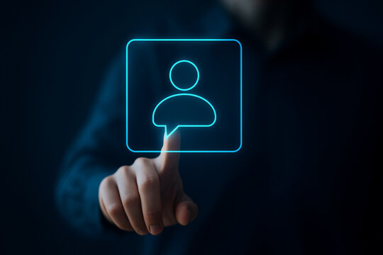Futuristic user interface contact icon touch interaction with glowing chat symbol on transparent digital screen for business communication technology