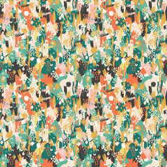 Fototapeta premium Seamless colorful abstract pattern with bold brush strokes, vibrant splashes, and artistic textured layers, ideal for fashion prints, textiles, wrapping paper, wallpapers, creative design projects.