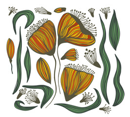 Set of yellow flowers constructor. . hand drawing. Not AI, Vector illustration.