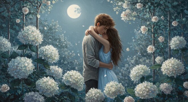 A couple embracing under the moonlight surrounded by white flowers in a romantic garden setting at night