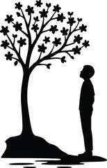 Silhouette boy looks at flower tree vector illustration