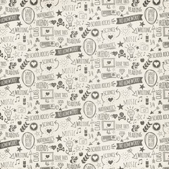 Obraz premium Seamless hand-drawn school doodle pattern in monochrome tones, featuring books, science icons, music notes, ideas, and learning symbols, ideal for stationery, wrapping paper, and educational designs.