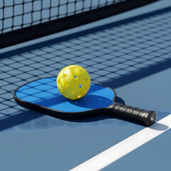 A vibrant yellow pickleball rests on a blue paddle, centered on a court with a net in the background. Generative AI.