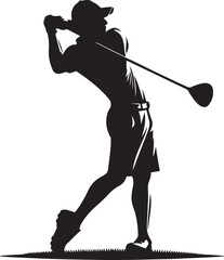 Silhouette of a golfer in mid swing with a driver on a white background in a stylized illustration