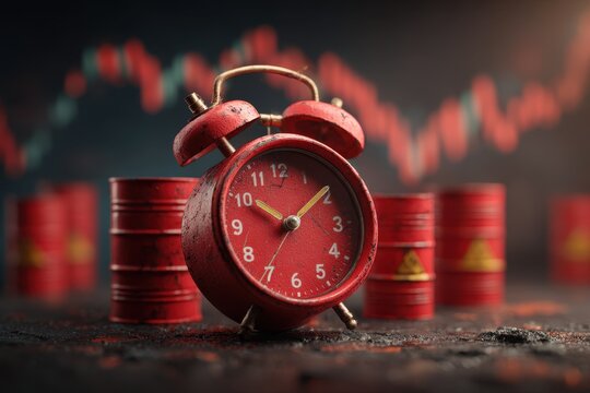 An alarming red alarm clock stands against a backdrop of declining stock market trends, symbolizing the urgency of financial risk and challenges ahead. - Powered by Adobe