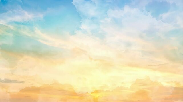 Watercolor style sky with clouds in pastel hues of blue, orange, and yellow depicting a sunrise or sunset over the horizon