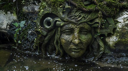 Obraz premium Detailed carving of a mystical figure emerging from a mossy stone.