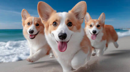 Three Corgi dogs running on a sandy beach