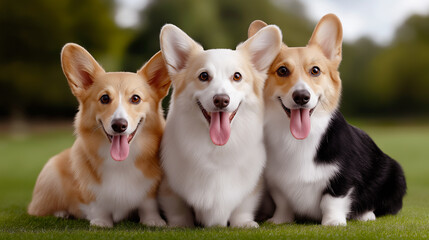 Three Corgi dogs sit side by side in the park on the lawn
