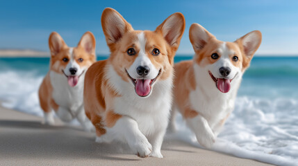 Three Corgi dogs running on a sandy beach