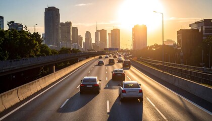 City highway sunset traffic.