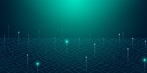 Digital technology speed connect blue green background, cyber nano information, abstract communication, innovation future tech data, internet network connection, Ai big data, line dot illustration 3d