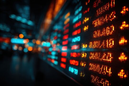 A blurred close-up of stock market ticker with vibrant blue, orange, and red lights displaying real-time data fluctuations and market trends in a dynamic, modern setting.