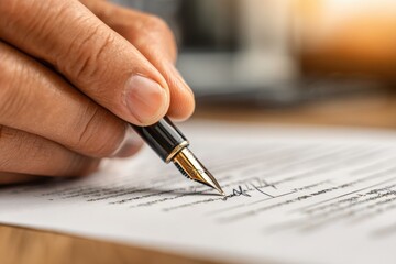 A close-up shot of a fountain pen signing a document, highlighting the act of agreement and formal commitment on a detailed contract with a professional touch.