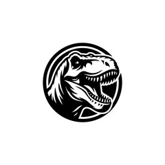 Black and white graphic design of a Tyrannosaurus Rex head, stylized and in a circular frame.