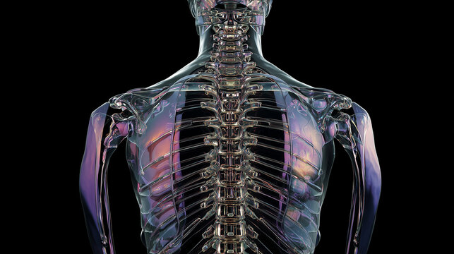 A translucent, iridescent 3D rendering of a human torso, showcasing the spinal column and rib cage.  The image is sleek, futuristic, and artistically rendered against a black background.
